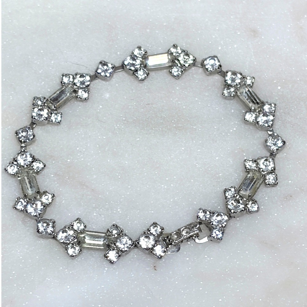 Vintage Silver Tone Clear Rhinestone Baguette Link Bridal Bracelet 7in